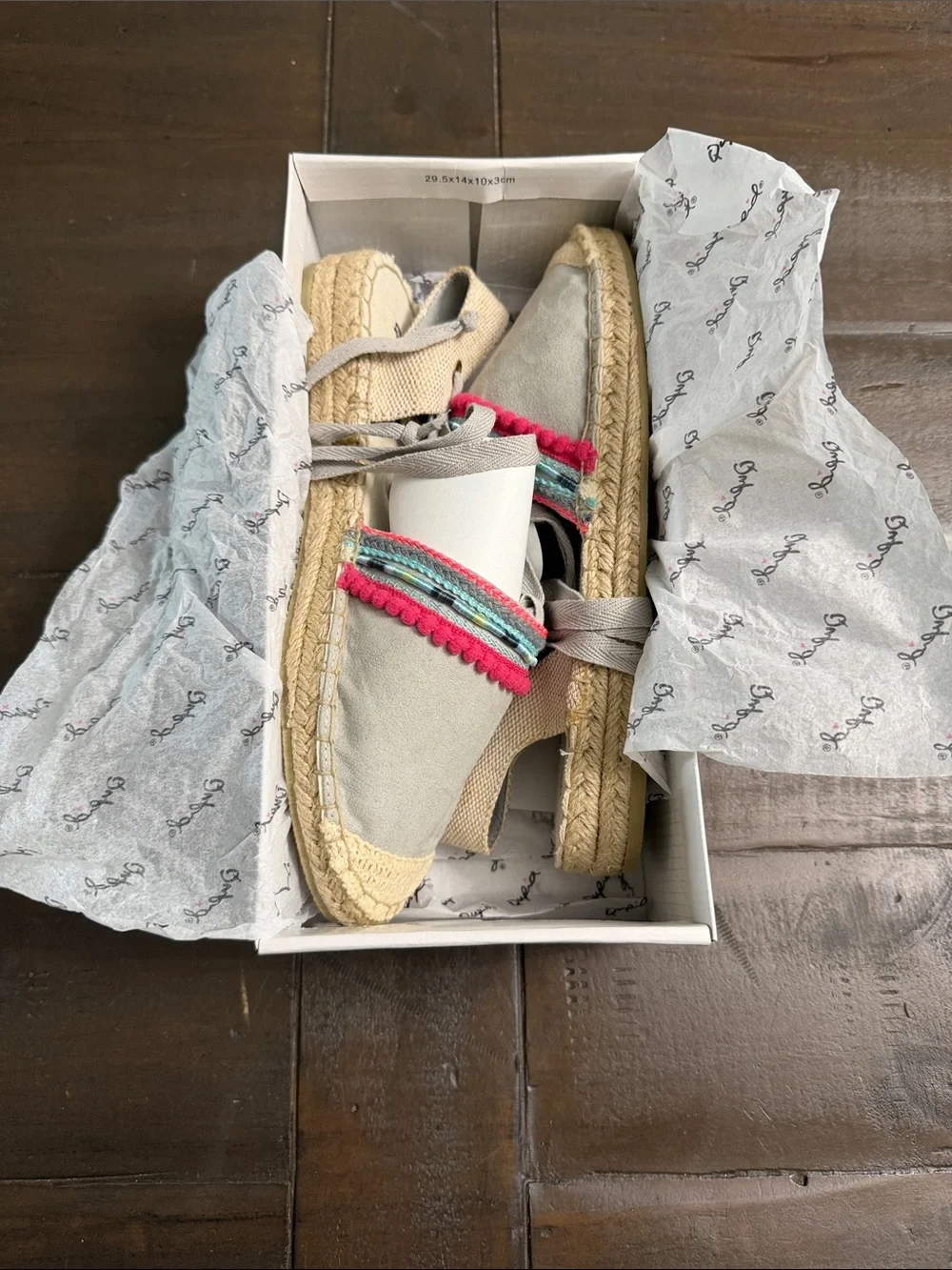 Qupid Light Gray Espadrille Flats with Pink & Aqua Trim